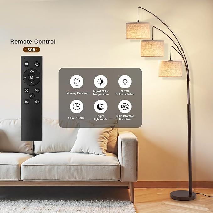 Fansdrick 3 Light Arc Floor Lamps for Living Room, 2400LM Super Bright Floor Lamp with Remote Control, 80" Tall Floor Lamps with Stepless Dimmable, Mid Century Tree Floor Lamp for Bedroom, Office