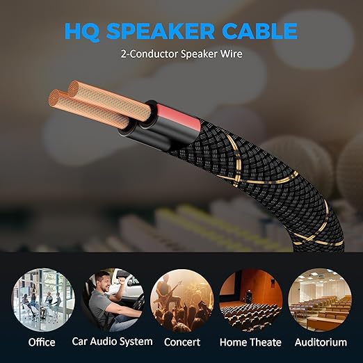16/2 Speaker Wire 50 Feet, 16AWG Gauge Speaker Cable, Direct Burial, Durable Nylon Braided, in Wall, 2 Conductors, OFC Oxygen-Free Copper, for Car Audio Stereos, Home Theater, Surround Sound, Radio