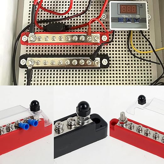 2Set 12V Bus Bar Stainless Steel Power Distribution Block Space Saving Marine Buss Bar High Security for Boat 2 x 1/4" Posts, 8 x M4 (#8) Screws Terminals (Black+Red)