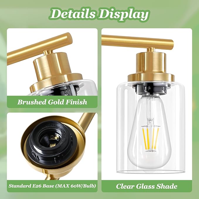 Guliaofo 8-Light Brushed Gold Vanity Lights for Bathroom, Lighting Fixtures Over Mirror with Clear Glass Shade, Modern Kitchen Light Fixtures Wall Lamps Sconce Light - E26 Base