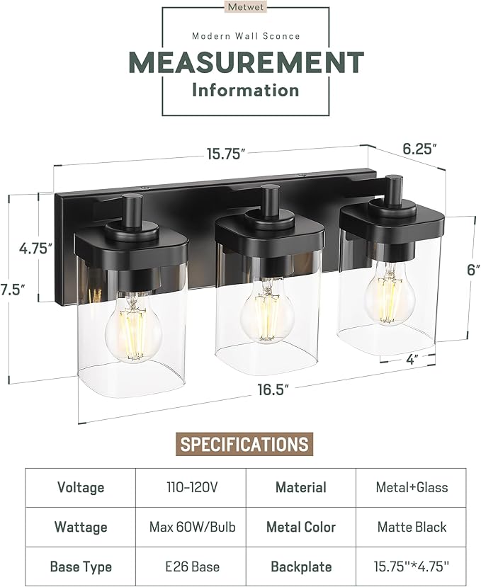 METWET Bathroom Light Fixtures Over Mirror, 3-Light Matte Black Vanity Light with Square Clear Glass Shade, Modern Wall Sconces, Vanity Lighting Fixtures, VL194-MB-3