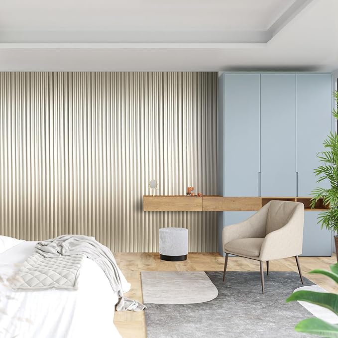 Art3dwallpanels Slat Wall Paneling, 104'' x 6.3'' Glossy Metal Finish WPC Soundproof 3D Wall Panels for Interior Wall Decor, 8 Pack Wavy Grain Panel Wall Slats, Champagne Silver