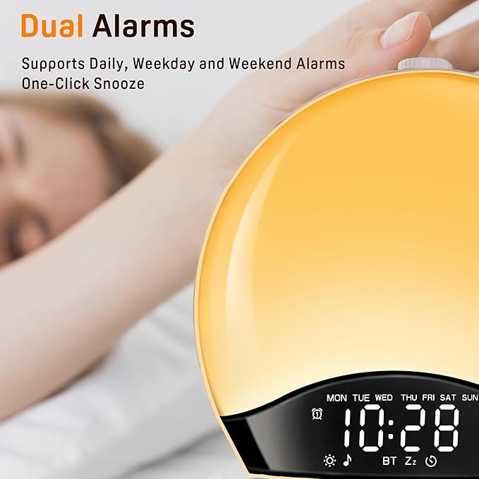 Wake Up Light Sunrise Alarm Clock for Kids, Heavy Sleepers, Bedroom, White Noise Sound Machine with 5W Stereo Bluetooth Speaker, 25 Natural Sounds, Dual Alarms, 17 Color Night Lights, Ideal for Gift