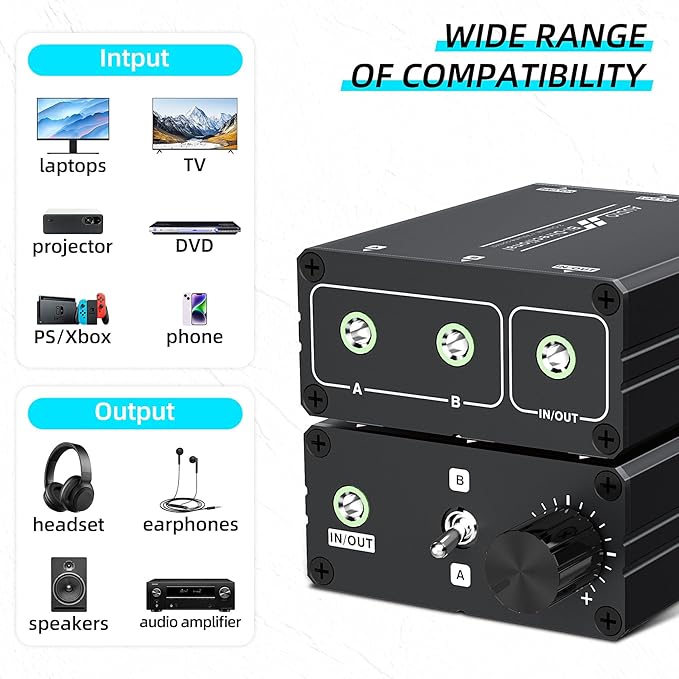 3.5mm Stereo Audio Switcher (2 in 2 Output / 2 in 2 Output) with 3.5mm Audio Cable, 2 Ports AUX Audio Speaker Selector for PC Mobile Laptop Headphones