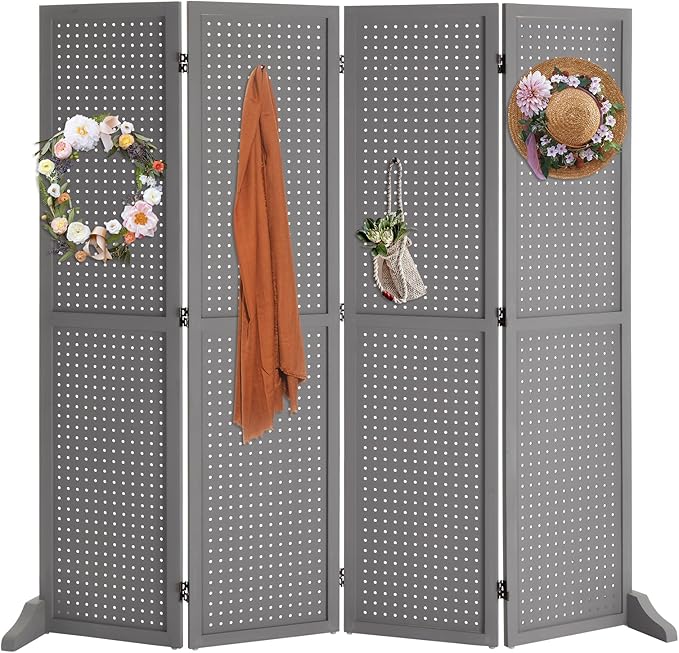 Bonnlo 4 Panel Pegboard Freestanding, 5 FT Portable Display Board Organizer for Craft Show Jewelry, Wooden Folding Privacy Screen Room Divider (with Base, Grey)