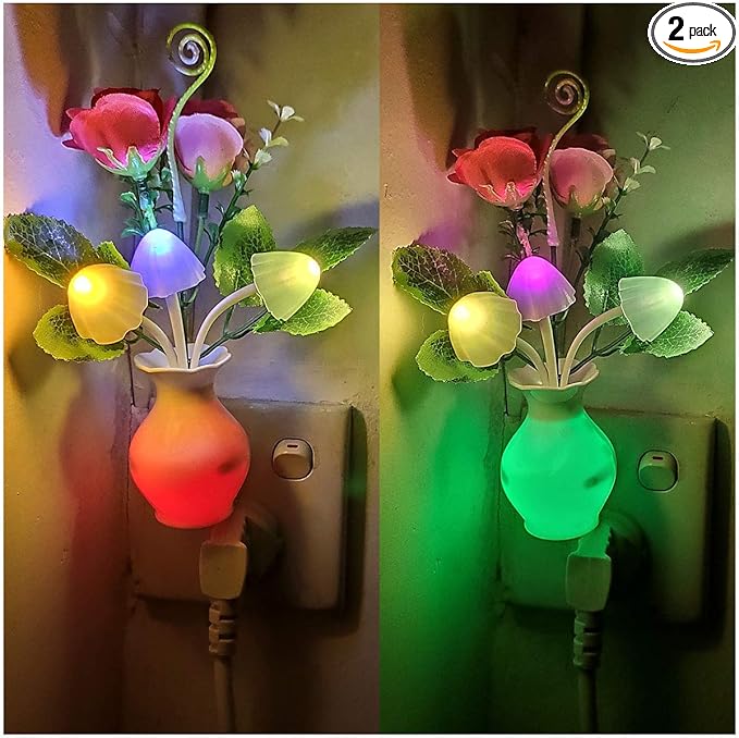 2Pack Plug in LED Night Light w/Auto Dusk to Dawn Sensor,AUSAYE 0.5W Energy Saving Lamp Dream Nightlight Rose Flower Mushroom Lights for Kids Adults Bedroom,Bathroom,Living Room,Kitchen,Hallway