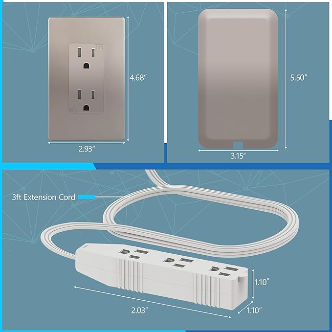 LIDER Flat-Face Outlet Extender with 3 Receptacles, Ultra-Thin Wall Plate Plug with Cord Extender and 3-Outlet Power Strip, 3ft Cord, LWE3-315-NK, ETL-Listed, Nickel