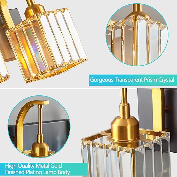 FDPBY Crystal Vanity Lights 3-Light Black Gold Bathroom Vanity Lights Modern Crystal Bathroom Light Fixtures Over Mirror 23.62" Long Vanity Light for Bathroom