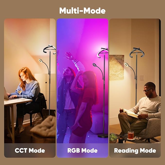SIBRILLE Upgraded RGBCW Floor Lamp with Reading Lamp, Rotatable Remote Control LED Standing Lamp Dimmable Floor Light Modern Standing Light for Living Room Bedroom Home Office, 36W, Black