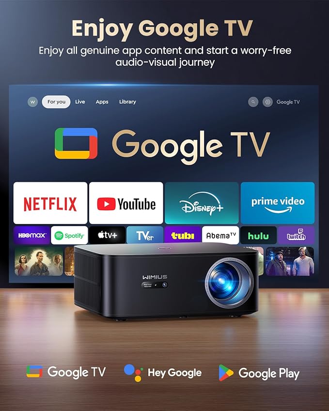 【Official Google TV/4K Supported 】Smart Projector with WiFi & Bluetooth, Outdoor & Home TV Movie Projectors with Voice Control,Auto Focus & Keystone,Compatible with Netflix Proyector WiMiUS K13 Black