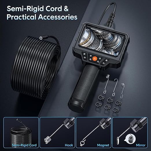 Endoscope with Light and 50ft Semi-Rigid Cable, Handheld Borescope 4.3'' HD 1080P, 8 Adjustable LED Lights, IP67 Waterproof Inspection Camera for Sewer, Gadgets for Men (Single Lens)