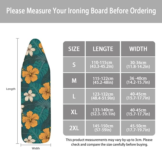 ZCFYGDX Hawaiian Flower Leaf Print Ironing Board Cover 2 Extra Large, Elastic Edges Nylon Buckle Straps Fasteners, (18 x 58 in) Resist Scorching & Staining Breathable Wear-Resistant Easy Install