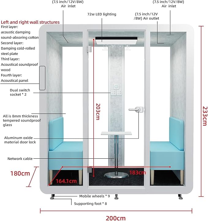 GEARONIC Mobile Office Pod Booth, Sound Proof Office Pod Booth with Mobile Roller, Larger Space for 2-4 People, LED Lighting System,Fans and AC USB Ports（White-Grey）