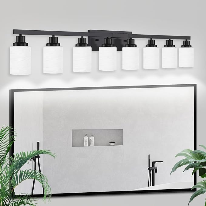 DIKAIDA 8-Light Bathroom Light Fixtures Over Mirror, 52inch Modern Matte Black Vanity Lights with White Frosted Glass Shade, Bathroom Wall Lamp Sconces for Mirror Bedroom, Living Room Hallway