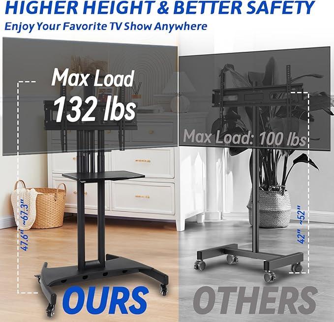 GCCSJ Rolling TV Stand with Adjustable Shelf，Portable TV Stand on Wheels for 32-75 Inch Screens，Heavy Duty Base Mobile TV Cart，132 LBS Weight Capacity， Suitable for Living Room/Bedroom/Office