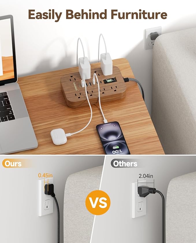 Walnut Power Strip with USB Ports - 10 FT Wood Power Strip, 1625W Decorative Extension Cord with 6 AC Outlet 3 USB, for Brown Tan Wood Walnut Grain Aesthetic Vintage Rustic Desk Accessories Decor