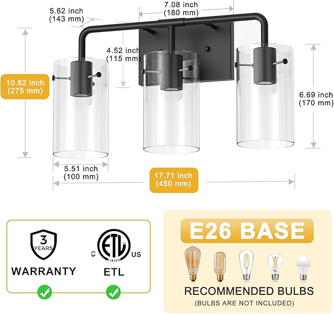 L LOHAS LED 3-Light Bathroom Light Fixtures, 17.71" Black Bathroom Vanity Light with Straight Glass Shades, Modern Vanity Lights for Bathroom Light Fixtures Over Mirror Living Room Hallway, E26, ETL