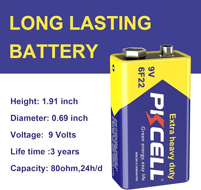 PKCELL 9V Batteries, 16 Pack 9 Volt Batteries Carbon Zinc, 9V Battery for Smoke Detector, Alarms, 6F22 Square Battery