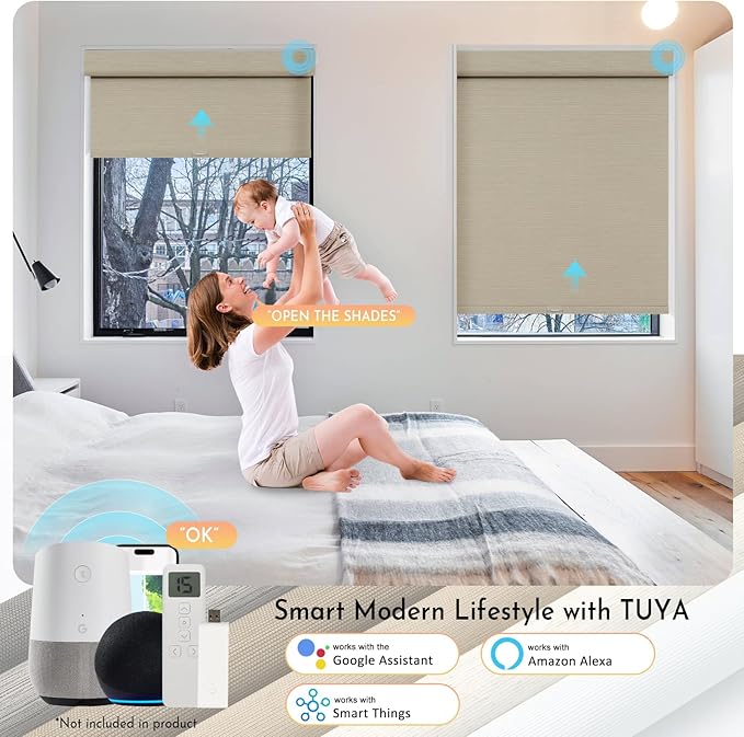 Persilux Smart Motorized Blinds with Remote, No Drill Automatic Roller Shades for Indoor Windows, Blackout Linen Fabric, Electric Blinds for Windows, Weave Straw C162BO-4, Custom Size