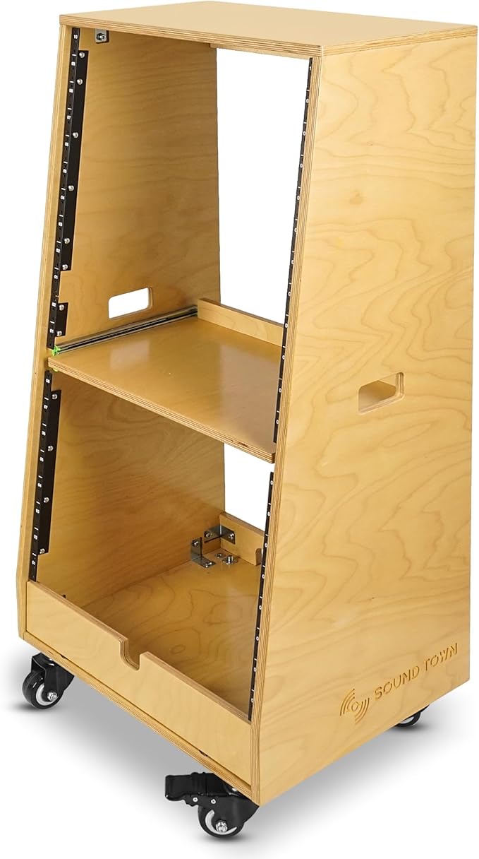 Sound Town DIY Slanted 20U Studio Rack (12U Top + 8U Lower), with 2U Bottom Storage, Slide-Out Tray, Caster, Plywood, Golden Oak For Recording Room, Home Studio (SDRK-ST20T)