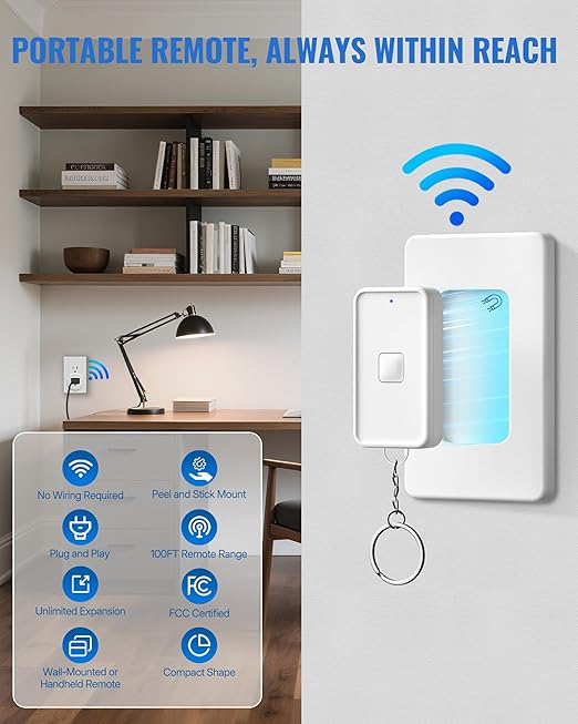 WILAWELS Remote Control Outlet Wireless Wall Switch, Wireless On Off Remote Switch Outlet with Magnetic Base for Light, Lamp, 100ft RF Range, 10A/1250W, Two Switches for One 0utlet W14RC2106