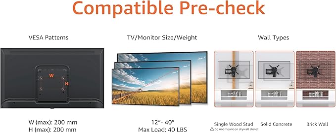 Amazon Basics Full Motion TV Wall Mount fits 12" to 40" TVs and VESA 200x200, Black
