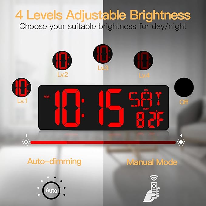 XREXS Large Digital Wall Clock with Remote Control, 16.5 Inch LED Large Display Count Up & Down Timer, Adjustable Brightness Alarm Clock with Day/Date/Temperature for Home, Gym, Office and Classroom