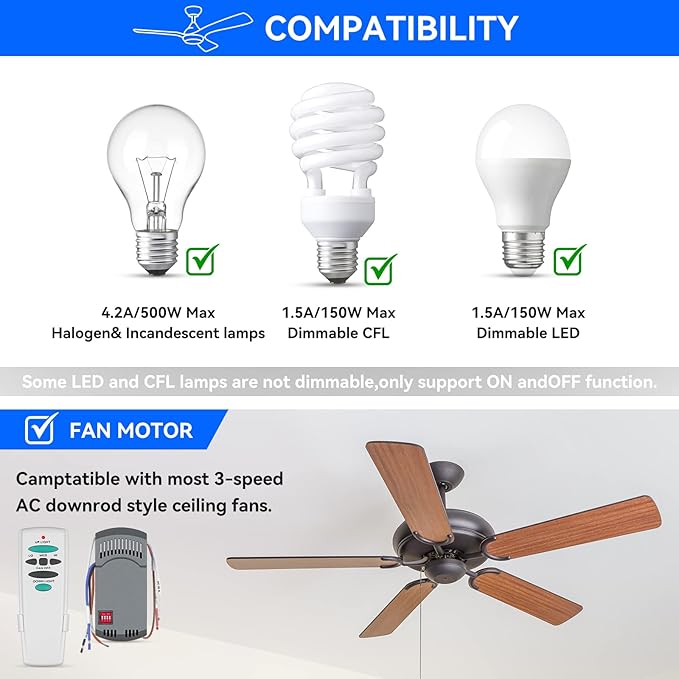 Universal Ceiling Fan Remote Control Kit with Up Down Light Replacement for Hampton Bay Harbor Breeze Hunter 3-Speed Dimmer UC7078T UC7080T CHQ7078T L3H2010FANHD Fan-HD6 FAN-28R