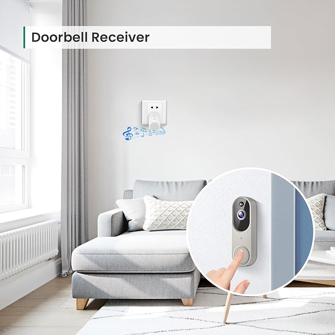 GridTera 1080p Wireless Video Doorbell Camera, AI Human Detection, Live View, Night Vision, Cloud Storage, 2.4G WiFi, Battery Powered, Indoor Outdoor Surveillance (Doorbell Receiver Included (Linen))