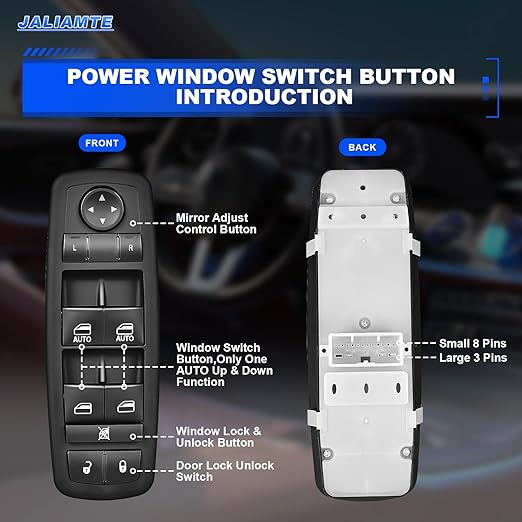 JALIAMTE 68086693AC Master Power Window Switch, Window Control Switch 8+3 Pins Driver Side Power Switch Compatible with 2011-2013 Dodge Durango/Grand Cherokee, Replaces OE# 68086693AD, 68086693AE