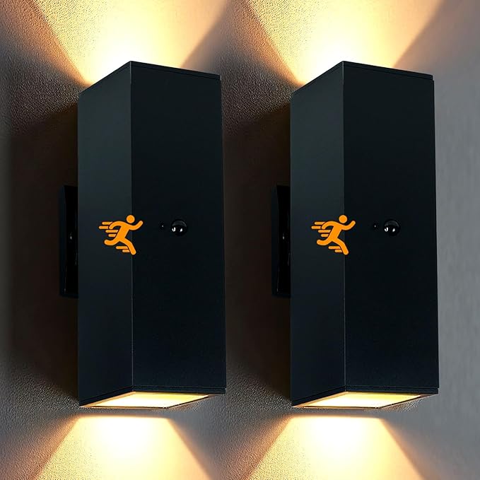 WISELUME 2 Pack Motion Sensor Outdoor Wall Lights, Dusk to Dawn Up & Down Sconces with E26 Dimmable LED Bulbs, Black Aluminum Porch, Patio, Garage,Front Door Lighting Fixtures, ETL Listed