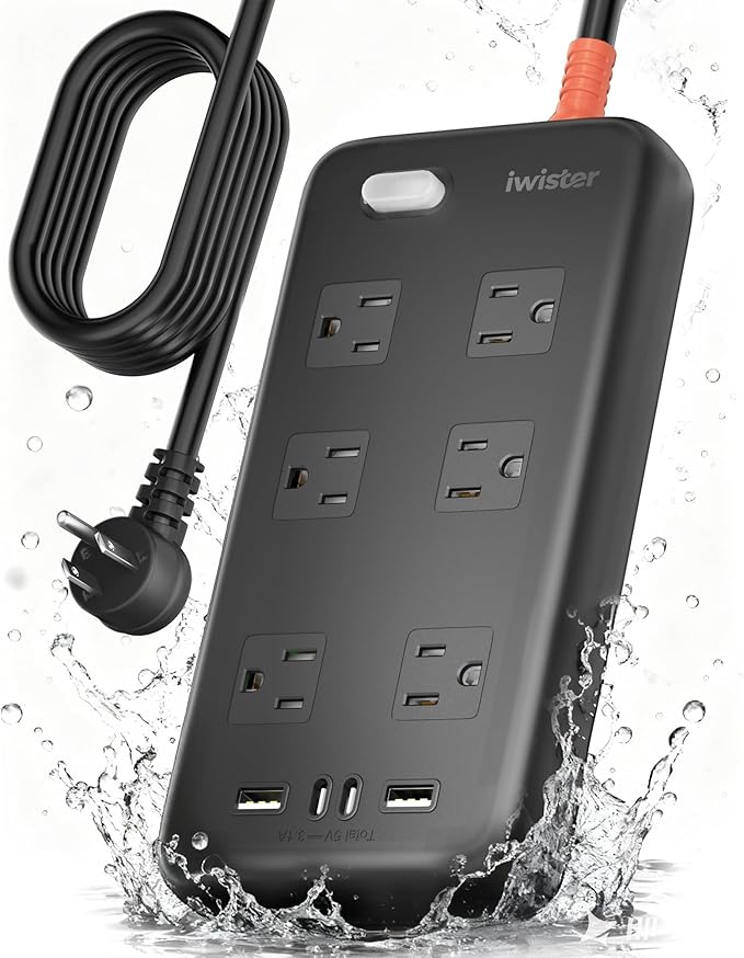 Iwister Outdoor Power Strip Weatherproof IPX6,6 Ft Extension Cord,4 USB Ports & 6 Wide Outlets for Multiple Devices,Wall Mountable for Yard,Workshop,Poolside,RV Camping,Black