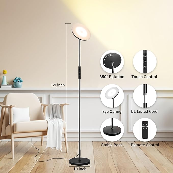 marctronic Upgraded Torchiere Floor Lamp,36W 3600LM Super Bright LED Floor Lamp for Living Room Bedroom Office, Dimmable Modern Standing Tall Lamp with Remote & Touch Control