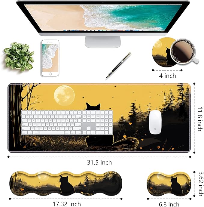 Ergonomic Keyboard Wrist Rest & Mouse Pad Wrist Rest Set, Large XXL Gaming Desk Mat 31.5"x 11.8" with Non-Slip Base, Memory Foam, Easy Typing Pain Relief for Home & Office, Black Cat