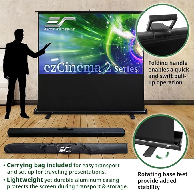 Elite Screens ezCinema 2 Projector Screen, 107-inch 16:9 Manual Floor Pull Up Scissor Backed, Portable Home Theater Office Front Projection + Carrying Bag, US Based Company 2-YEAR WARRANTY, F107XWH2