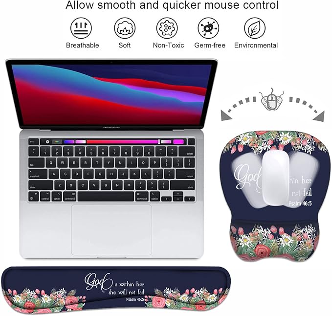 Ergonomic Mouse Pad Wrist Support and Keyboard Wrist Rest Set with Coasters, Non-Slip PU Base, Easy Typing & Pain Relief, Perfect for Home Office Working Studying, Floral Quote Bible Verse Psalm 46:5
