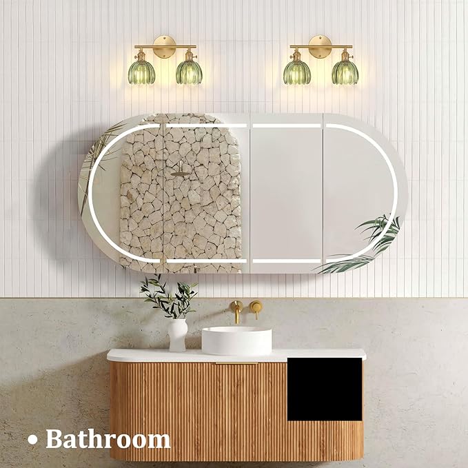 Shenmoyl Bathroom Light Fixtures, 2-Light Brass Vanity Wall Light Over Mirror with Green Tulip Glass Shade for Bedroom Living Room (Bulb Not Included)