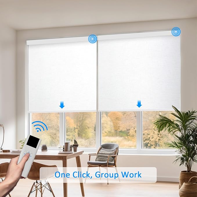 COOLWINDS Motorized Blinds with Remote Cordless Automatic Motorized Shades Custom Blinds for Windows Smart Curtains Compatible with Alexa Google Home(Blackout Jacquard White,W54 x H72in)