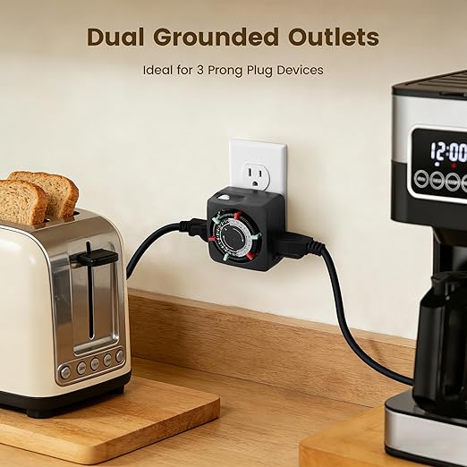 SURAIELEC Mechanical Timer with 2 Grounded Outlets, Indoor Electrical Plug in Timer with Trippers, 24-Hour Programmable and 3 Prong Outlets for Christmas Decorations, Plant Lights, Fan, 15A, Black
