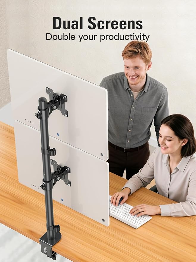 DreamAxis Stable Vertical Dual Monitor Stand, Stacked Monitor Mount for 2 Screens Up to 32 inch, Full Motion Monitor Desk Mount with Swivel, Tilt, Rotation, Holds 17.6 lbs Each, Max VESA 100x100mm