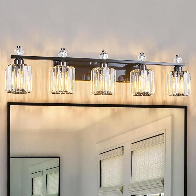 FDPBY Bathroom Vanity Lights 5-Light Plating Black Modern Crystal Vanity Light Fixtures Over Mirror Crystal Bathroom Vanity Lighting Fixtures