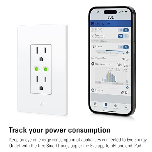 Eve Energy Outlet (Matter) – Smart Outlet & Power Meter, App & Voice Control, No Bridge, Thread, Works with Apple Home, Alexa, Google Home, SmartThings, 100% Privacy, Requires Thread Border Router