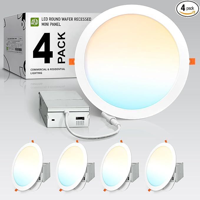 ASD 4 Pack 11/12 Inch LED Recessed Lighting 24W, 5 CCT 2700K-5000K CRI90+, IC Rated Ultra Thin Dimmable Ceiling Lights with J Box, Canless Wafer Downlight, Round Slim Panel Light, UL Listed, White