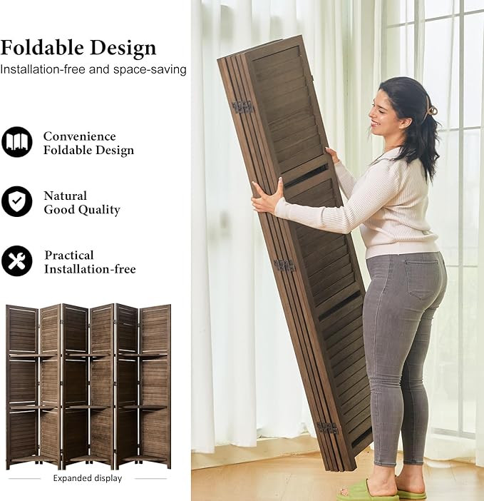 Partition Room Dividers, Folding Wood Privacy Screen with Three Display Shelves Suitable for Home Office, Study, Art Display - 6 Panel, 67 * 77inch (Brown)