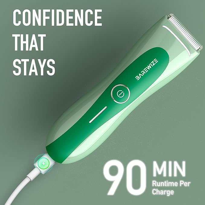 BAREWIZE Bikini Trimmer for Women, Electric Shaver for Women | LED Light, IPX7 Waterproof, USB-C Rechargeable, Ceramic Blade | Electric Razors for Women, Pubic Hair Trimmer Women (Jade Glow)