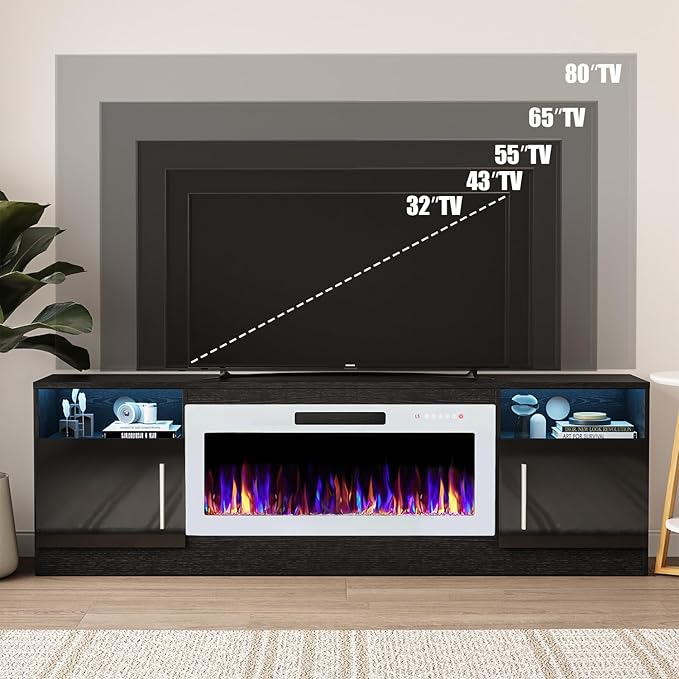 VITESSE TV Stand Fireplace with 36" inch Electric Fireplace Up to 80" TVs, LED Light Entertainment Center, 70" Modern Wood High Gloss with Highlight Storage Cabinet for Living Room (Black)