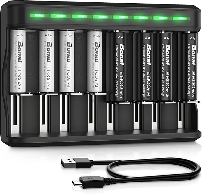 BONAI AA AAA Rechargeable Batteries Charger Set, 4 Pack 2800mAh AA and 4 Pack 1100mAh AAA NiMH Batteries with Smart Universal Battery Charger