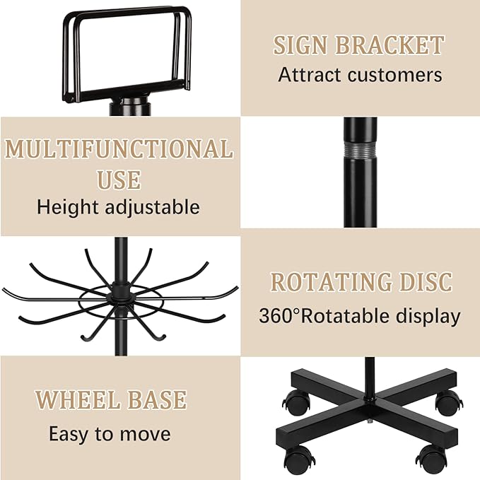 Exttlliy Retail Display Stand Store Display Rack 6 Tier Metal Spinning Display Stand Rack with Wheels Keychain Jewelry Stocking Hat Stand with Hooks for Malls, Showroom, Retail Store (6 Tier Black)