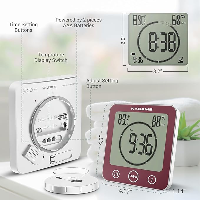KADAMS Shower Clock Waterproof Bathroom Timer – Digital Wall Clock with Countdown, Magnetic Kitchen Clock with Temperature & Humidity, Suction Cup for Kids Shower Spa Cook Bath (Rose)