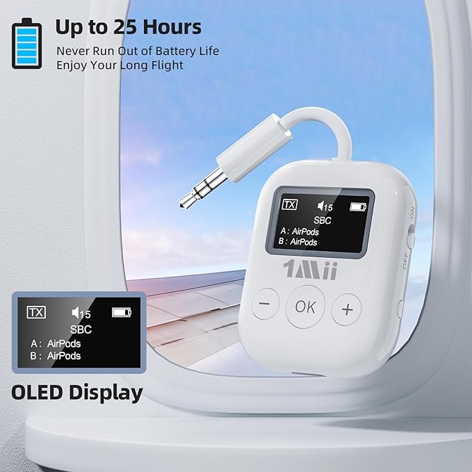1Mii Airplane Bluetooth 5.3 Transmitter for All Headphones - Bluetooth Adapter for TV - Dual Connection - aptX Low Latency - Flying Travel, Wireless Audio Aux for MP3,Game,PC-White